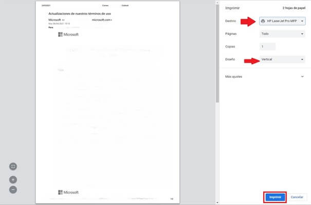 Ventana de “Imprimir” en la versión online de Outlook