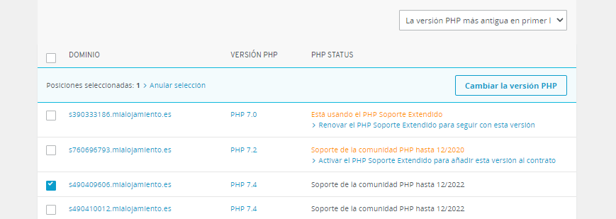 Estado PHP de los dominios en el panel de control de IONOS