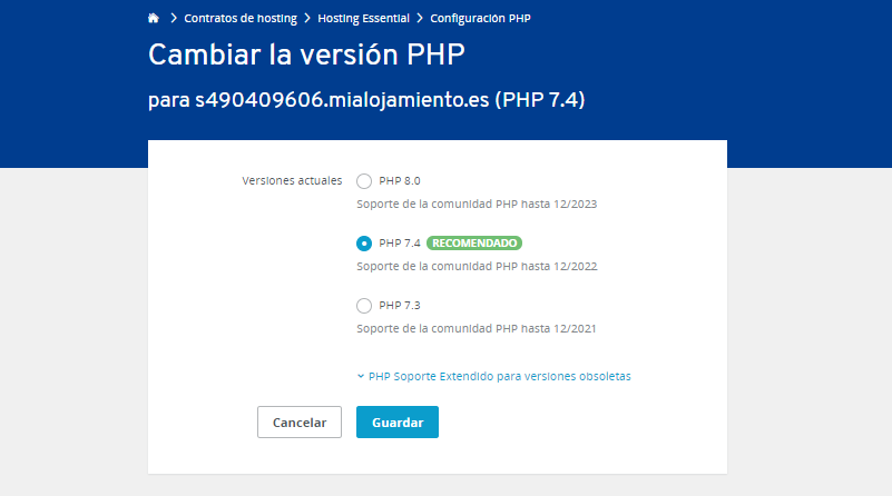 Selecciona la versión de PHP en el panel de control de IONOS