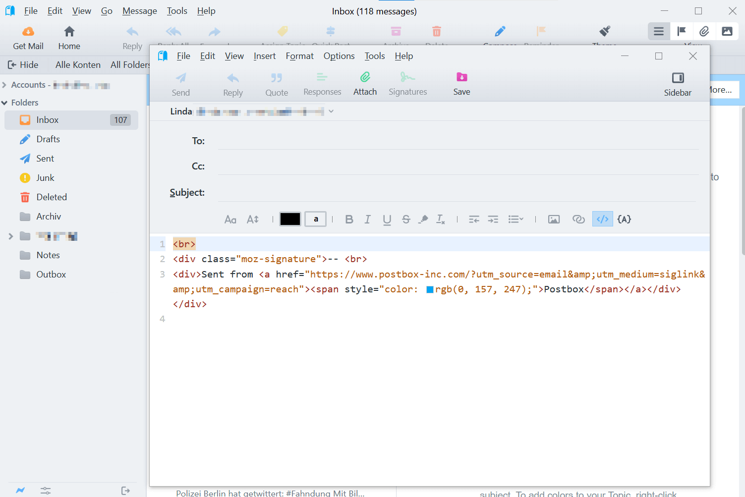 Modo HTML para la redacción de un correo en Postbox]