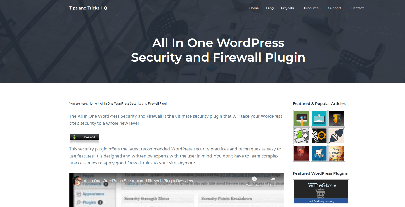 Página web del plugin All In One WordPress Security and Firewall