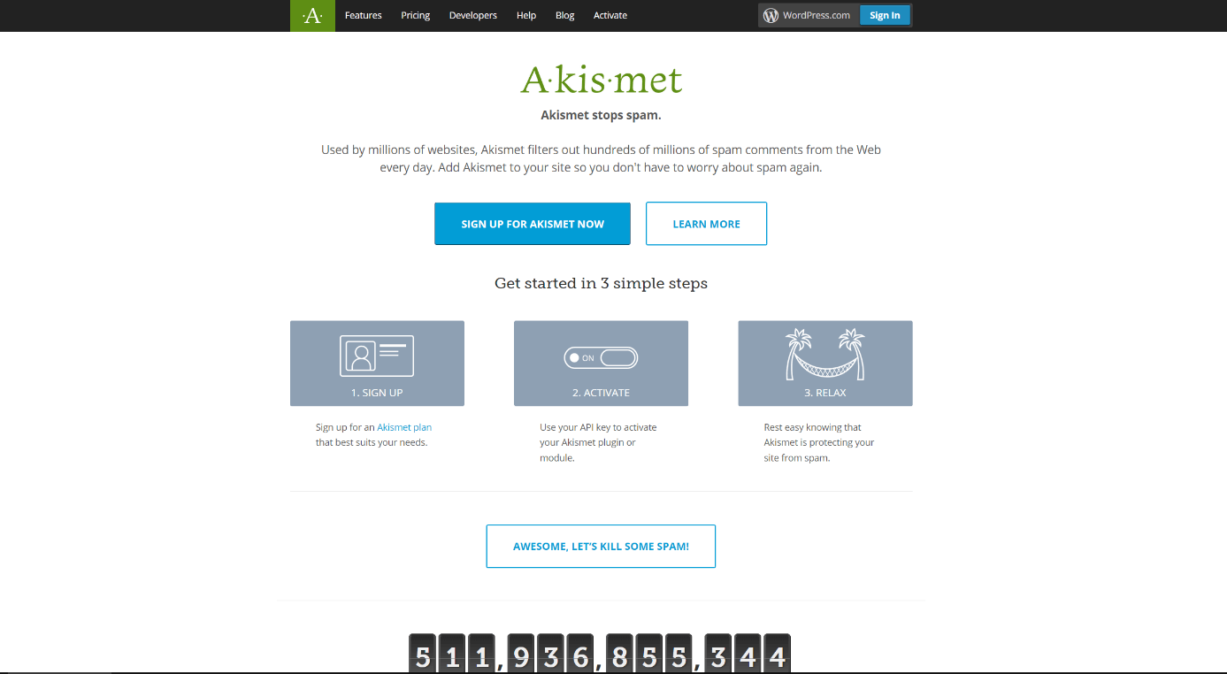 Captura de pantalla de la página de Akismet