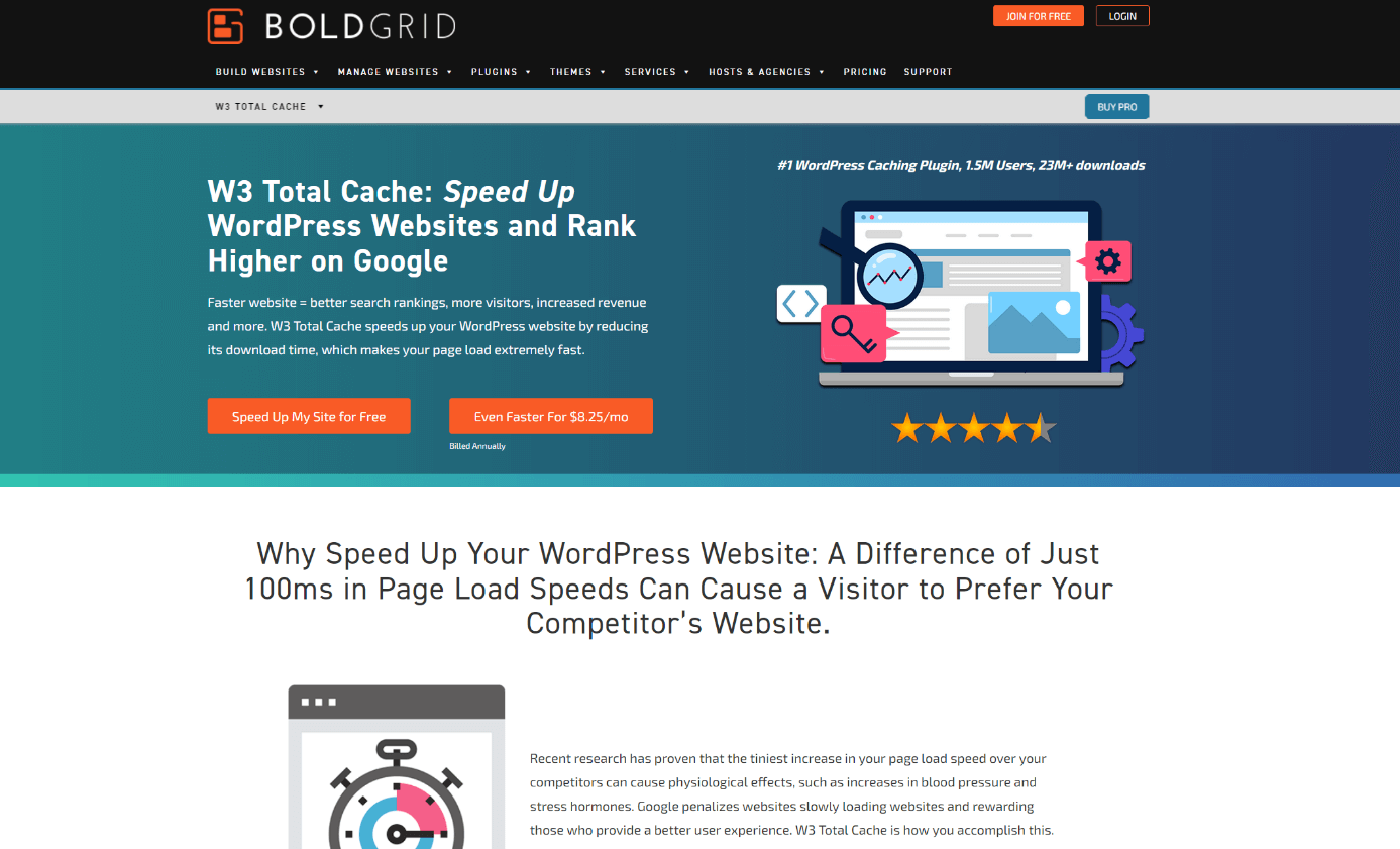 W3 Total Cache en la página web del desarrollador BoldGrid
