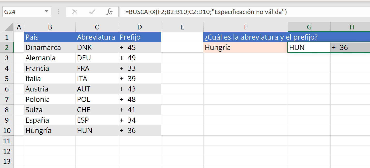 Excel: ejemplo del uso de la función BUSCARX para obtener dos valores en una sola búsqueda