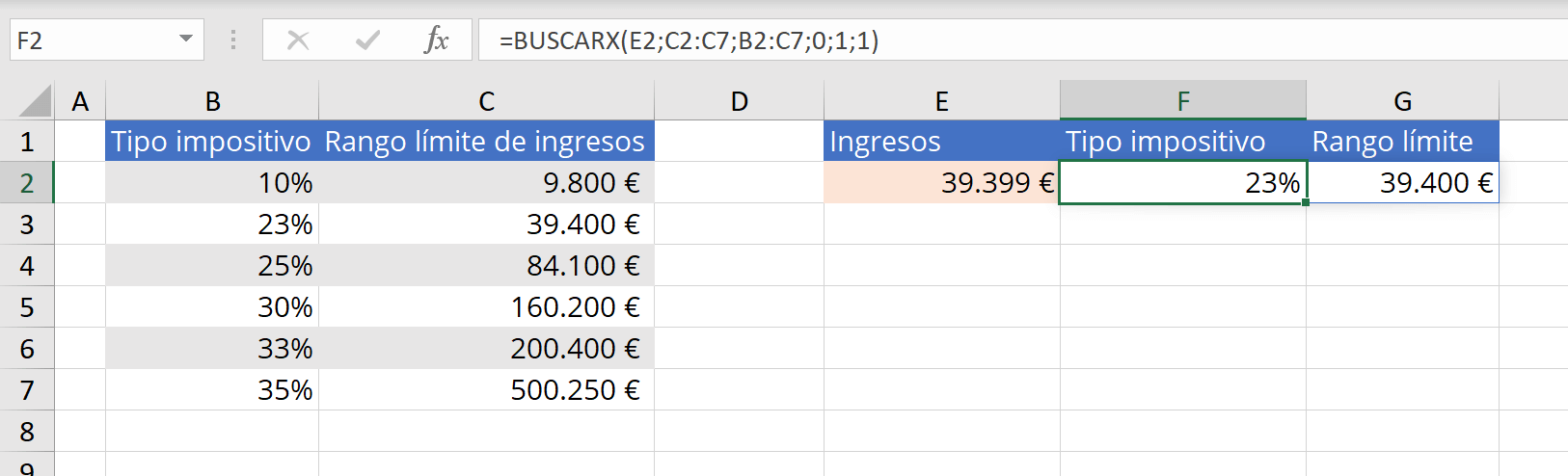 Excel: ejemplo de BUSCARX usando los tres parámetros obligatorios y todos los opcionales.