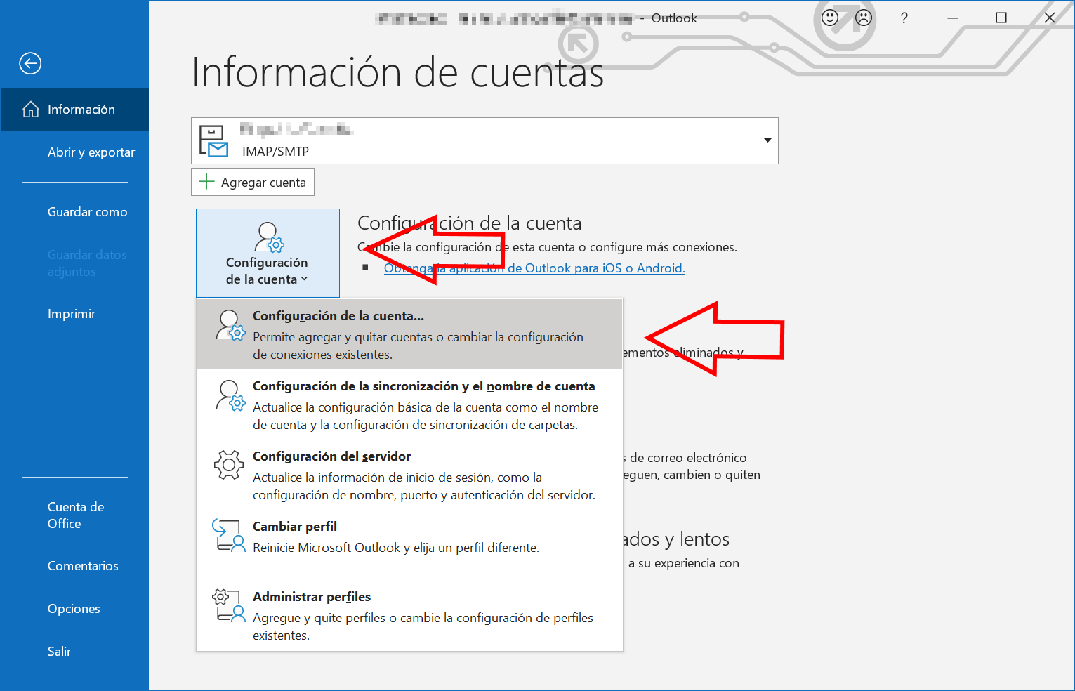 Cambiar el remitente de Outlook: abre la configuración de la cuenta 