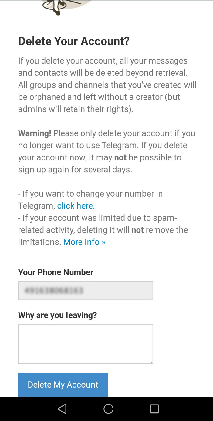 Página de Telegram: confirmar “Eliminar la cuenta”