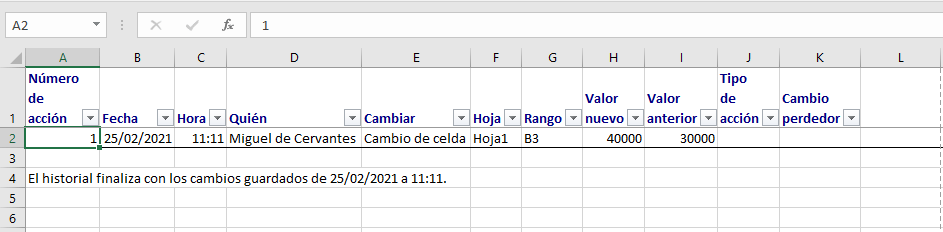 Excel: historial en hoja de cálculo independiente