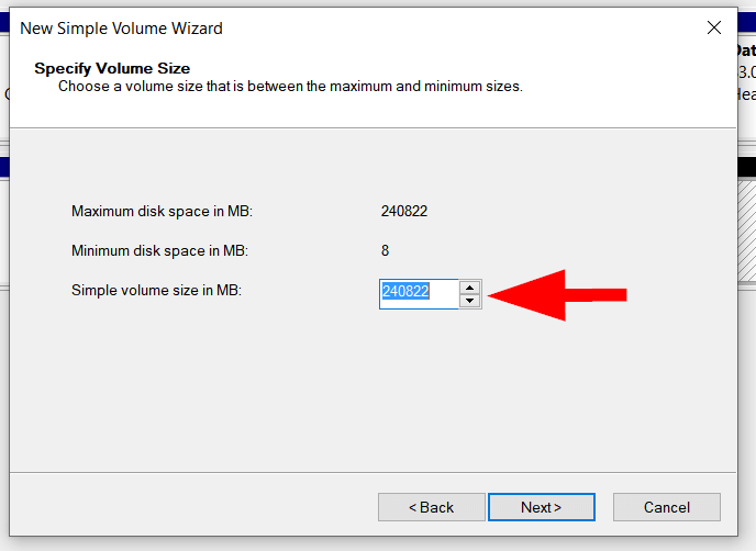 Dialog box: Especificar tamaño de volumen