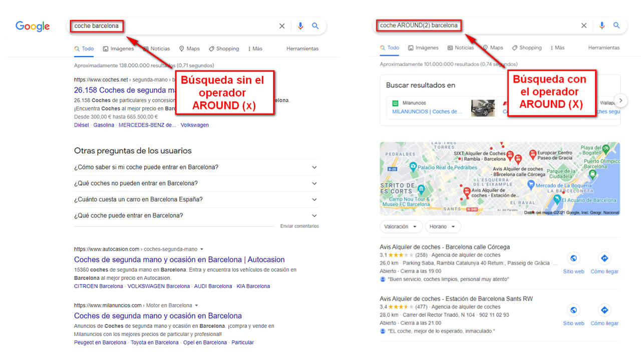Una búsqueda en Google con el operador booleano AROUND(X)