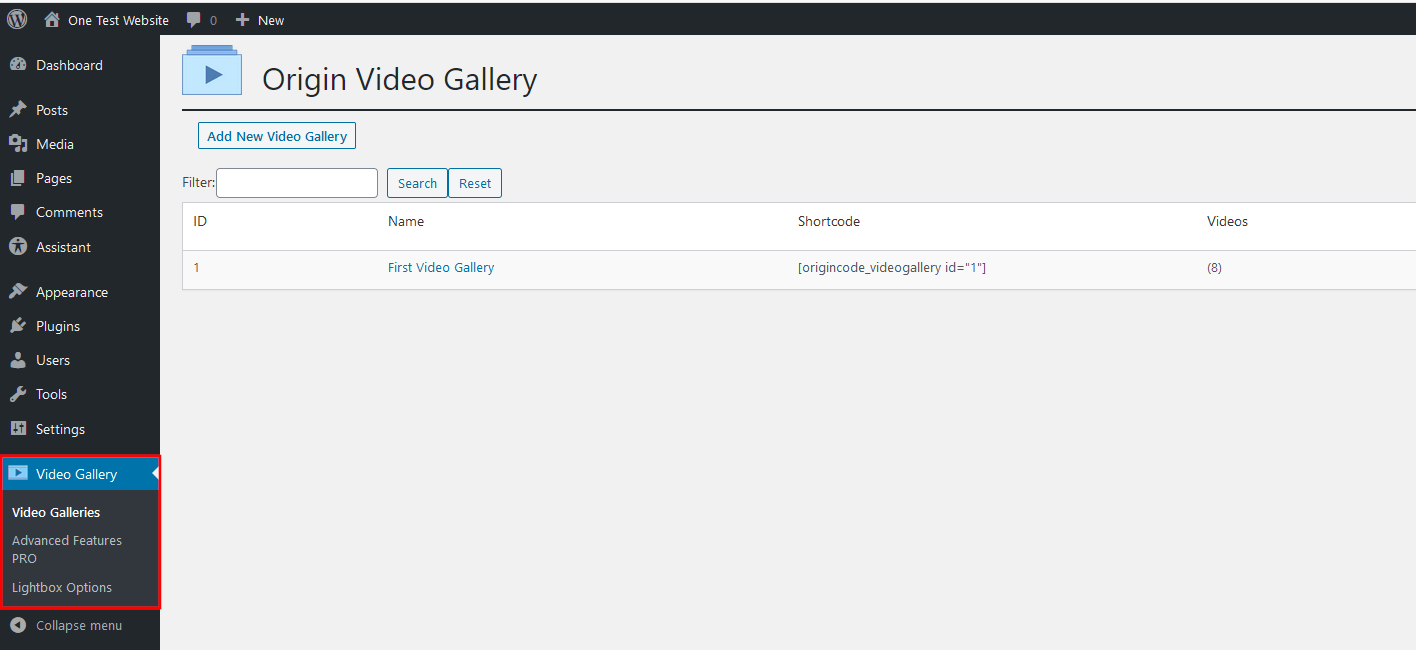 Menú del plugin “Video Gallery” en el servidor de WordPress