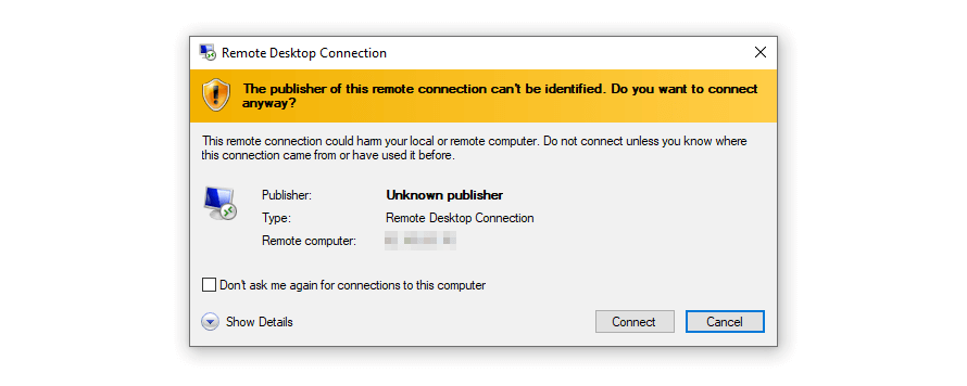 Ventana de diálogo de Windows: establecer conexión remota con el servidor