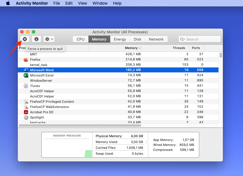 Salir del programa Mac: cerrar un programa en el Monitor de Actividad