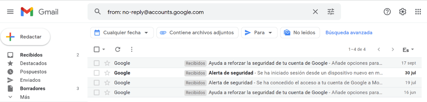 Búsqueda de Gmail mediante operadores de búsqueda: resultados