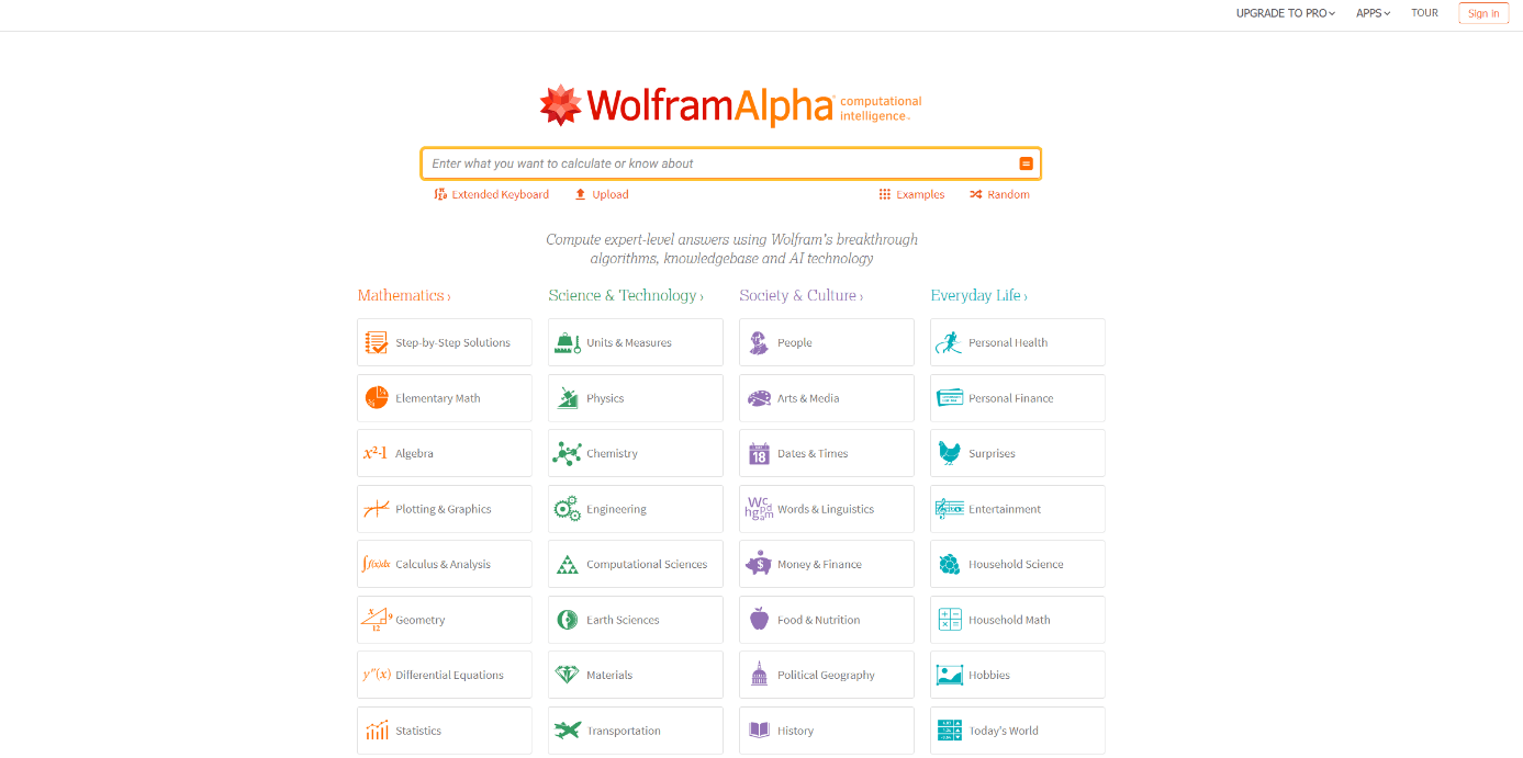 Vista del resultado de búsqueda en WolframAlpha
