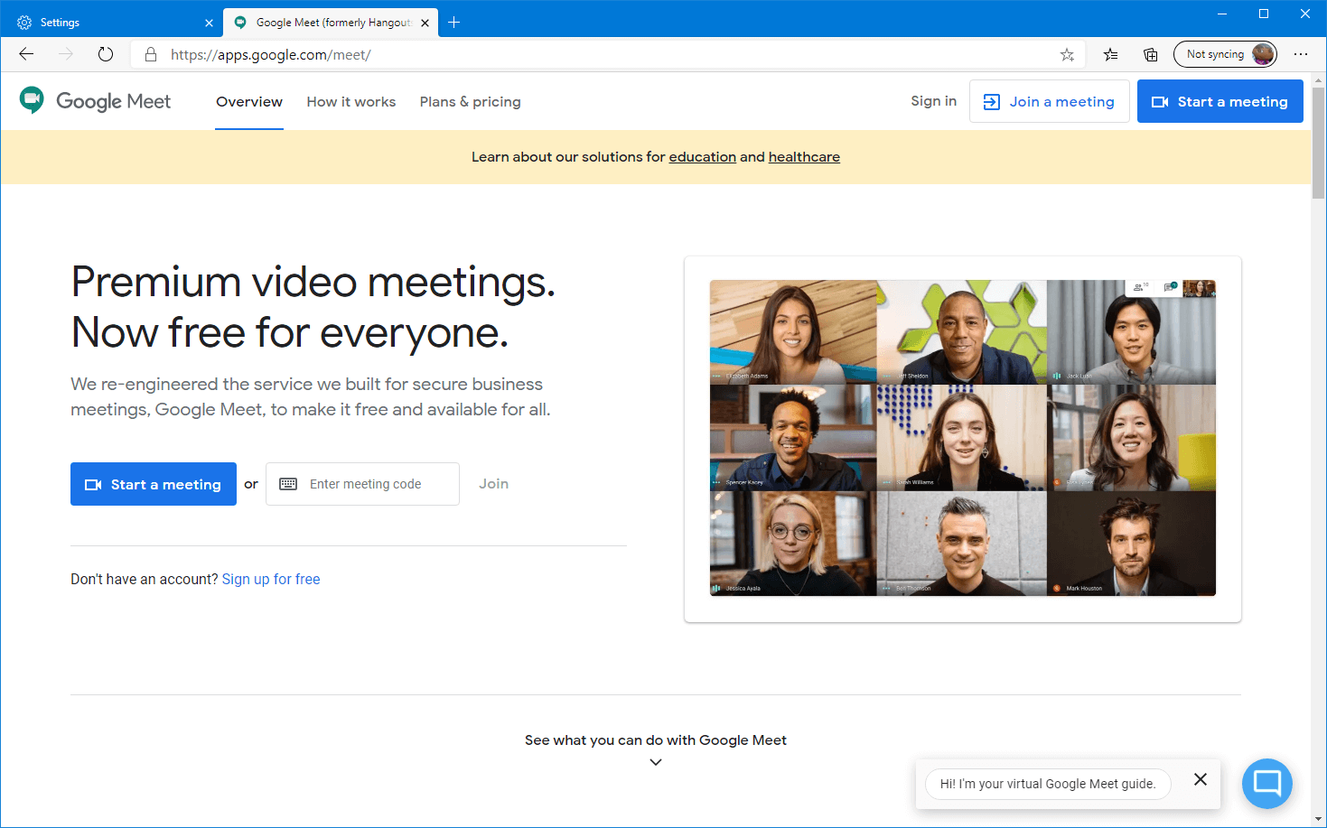 Página de inicio de Google Meet