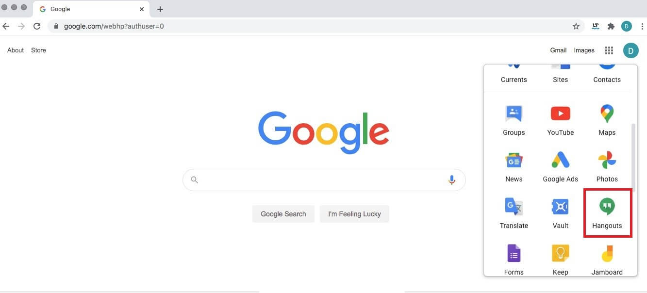 Menú rápido de servicio Google en el navegador Chrome