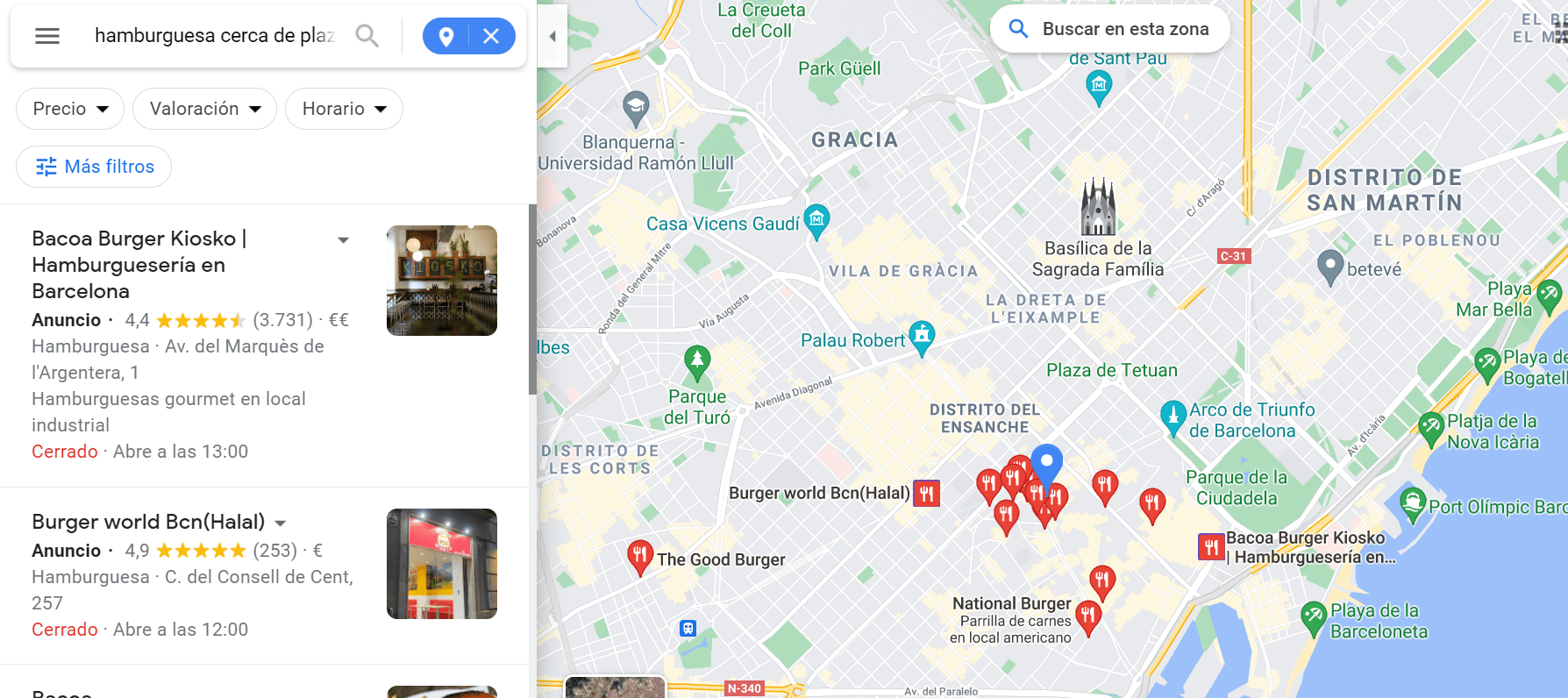 La página de resultados de Google Maps para el término “hamburguesa cerca de plaza catalunya”