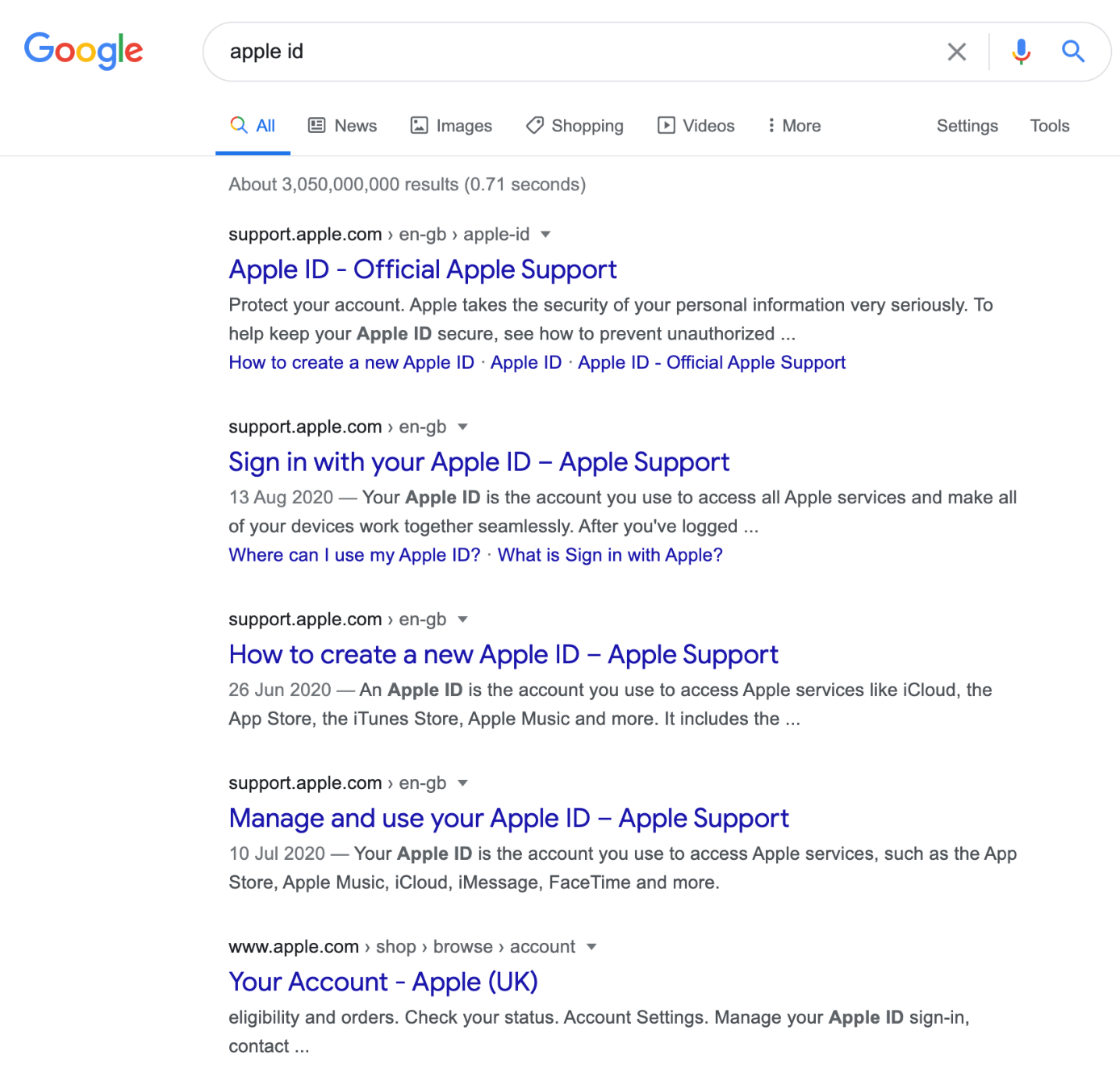 SERP de la búsqueda “apple id” en Google