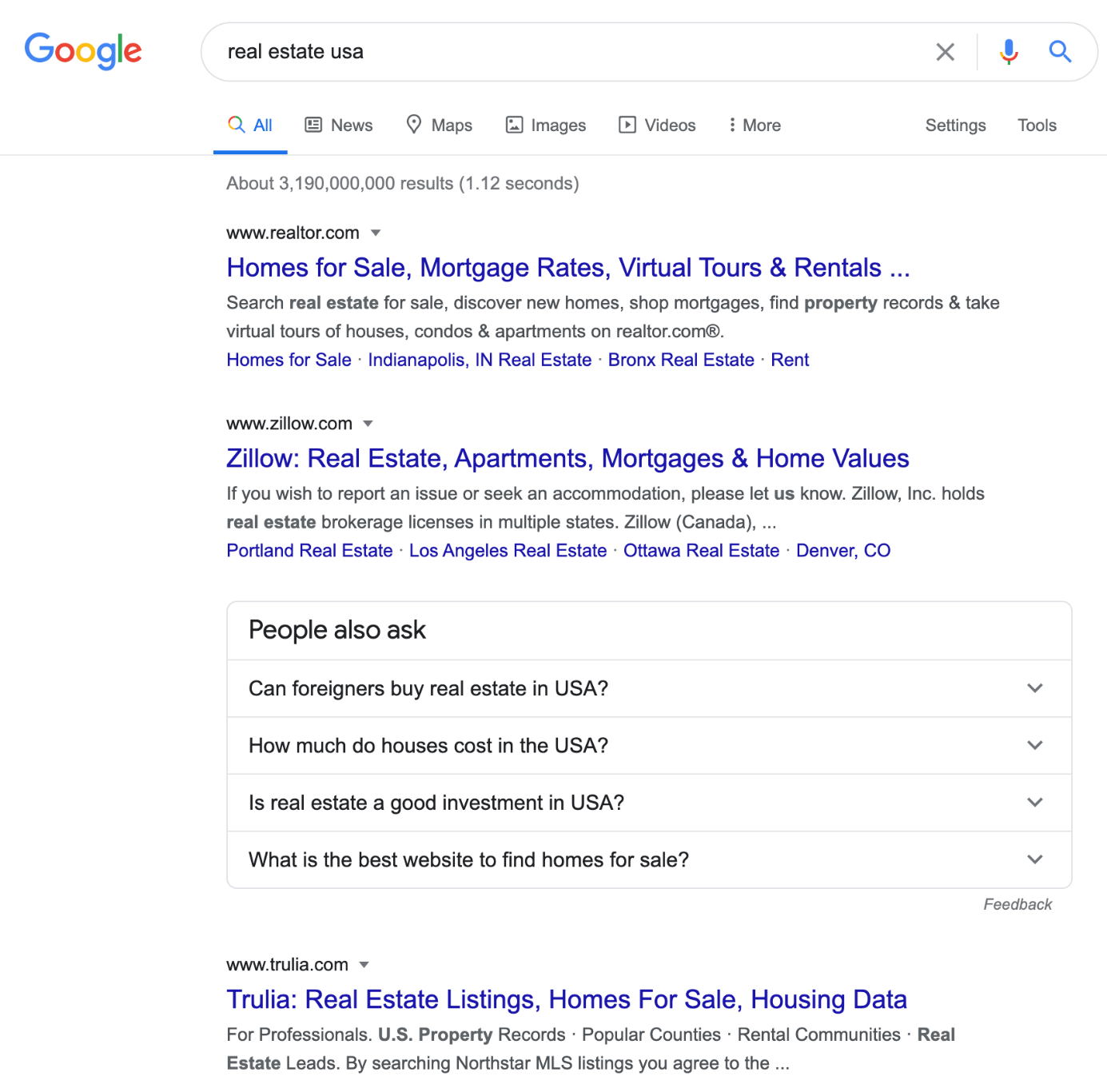 SERP de la búsqueda 'real estate usa' en Google