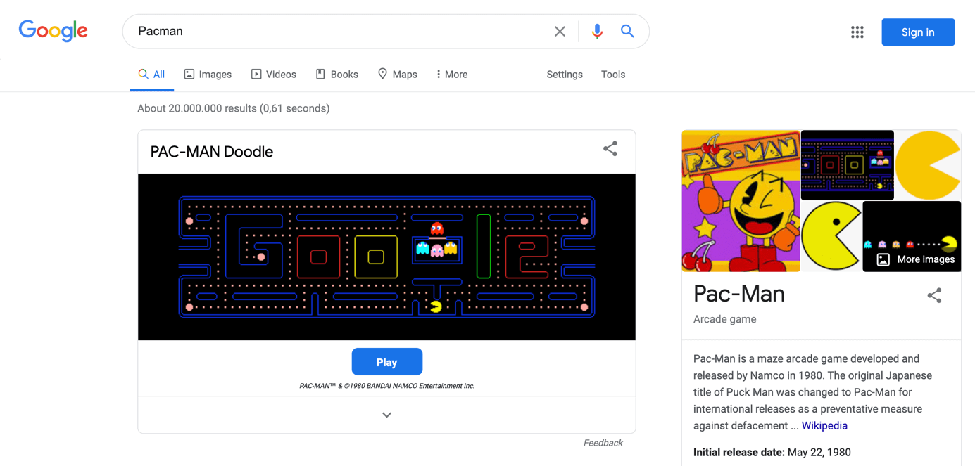 Pacman: minijuego en la página de resultados de Google