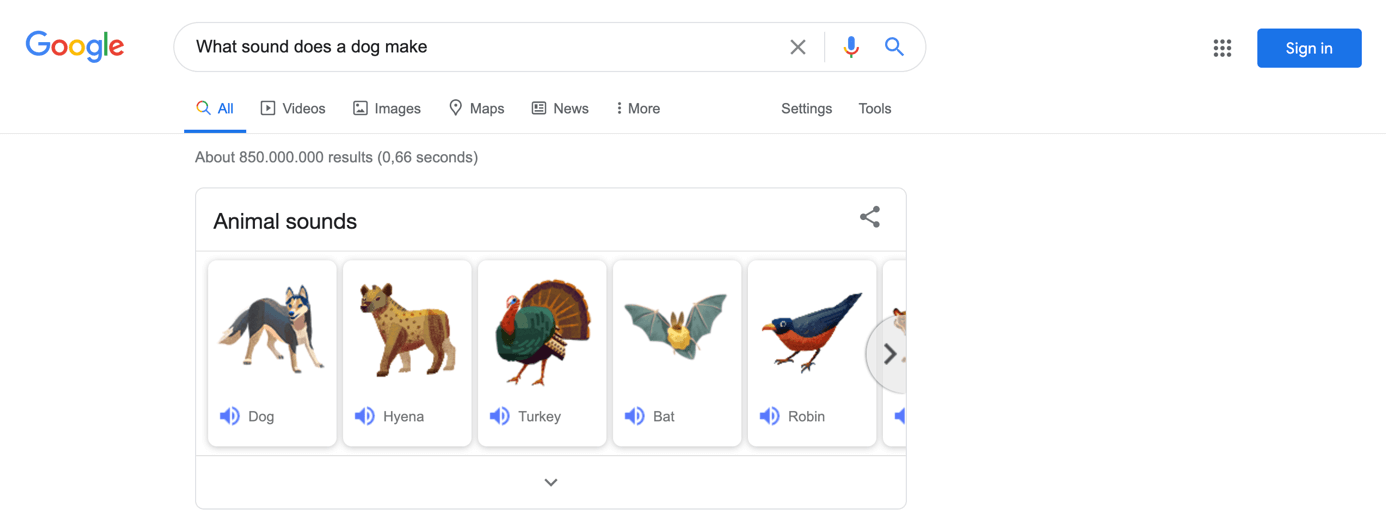 Página de resultado de Google con los sonidos de animales