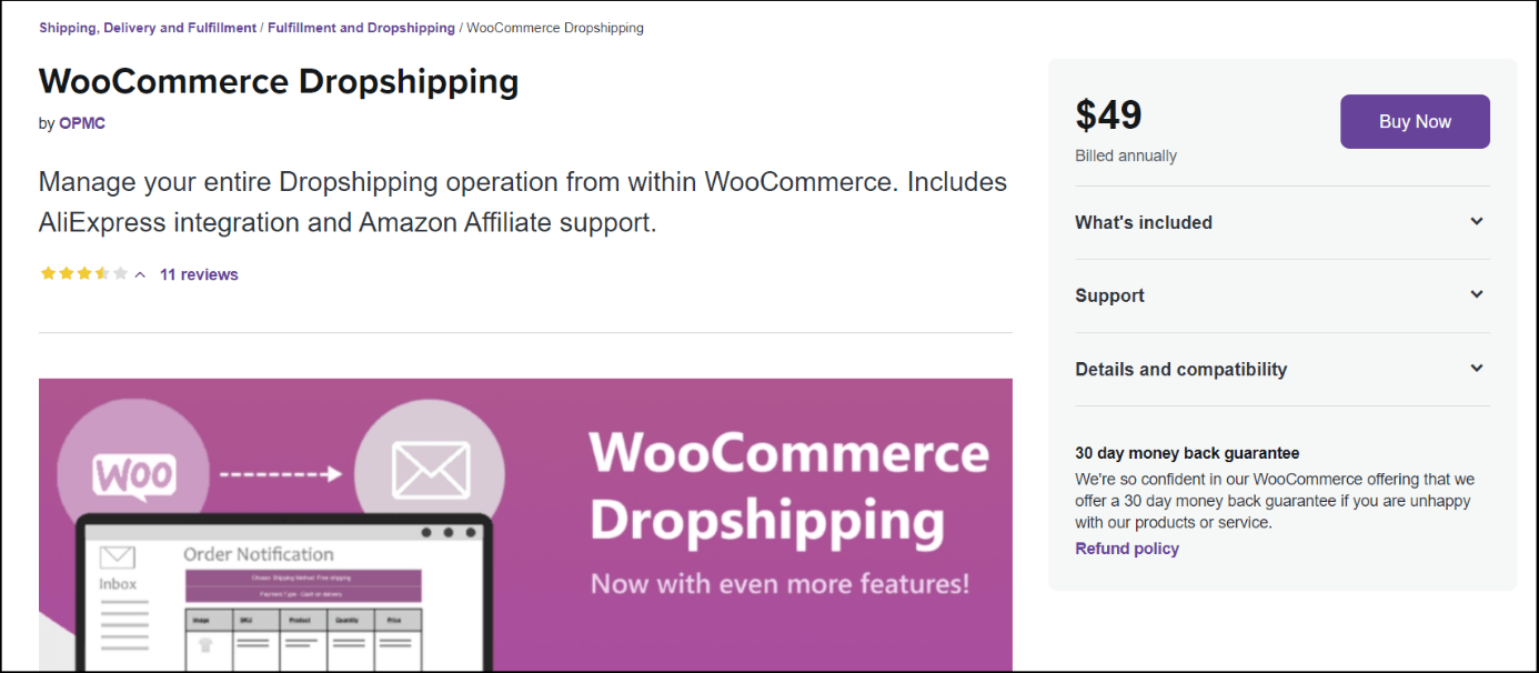 Captura de pantalla de la página web de WooCommerce Dropshipping