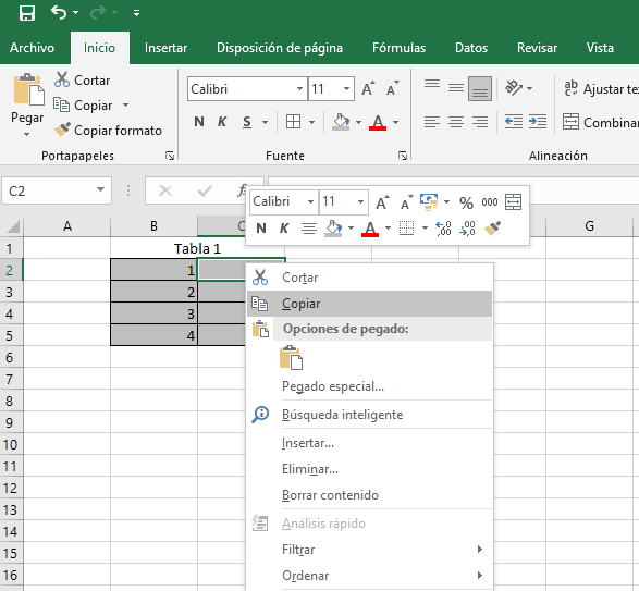 Selección de una tabla Excel para copiarla