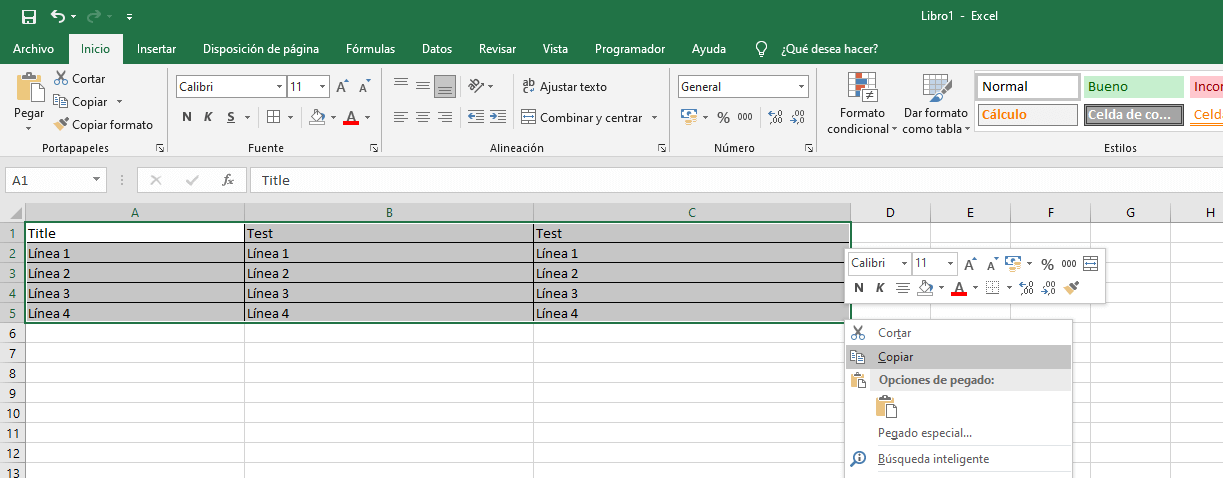 Seleccionar y copiar la tabla Excel