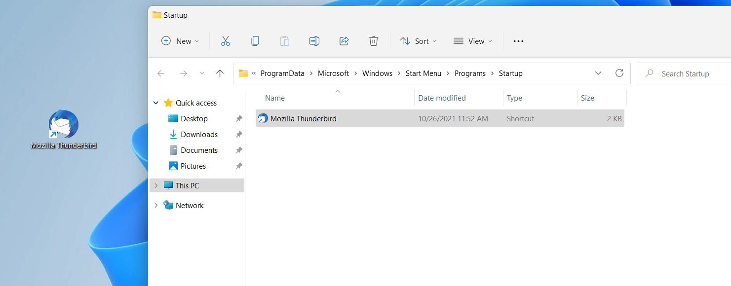 Acceso directo en la carpeta de inicio automático de Windows 11 específica del usuario
