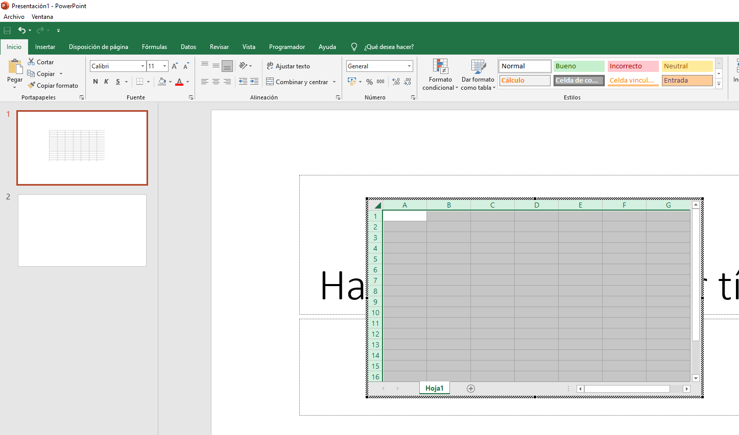 Tabla en PowerPoint con funciones de Excel