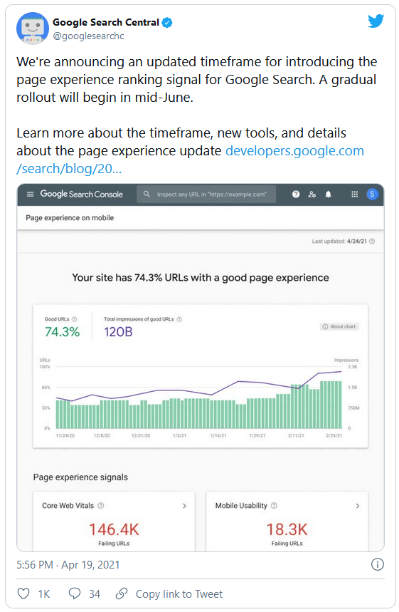 Tweet del equipo de Google sobre Core Web Vitals