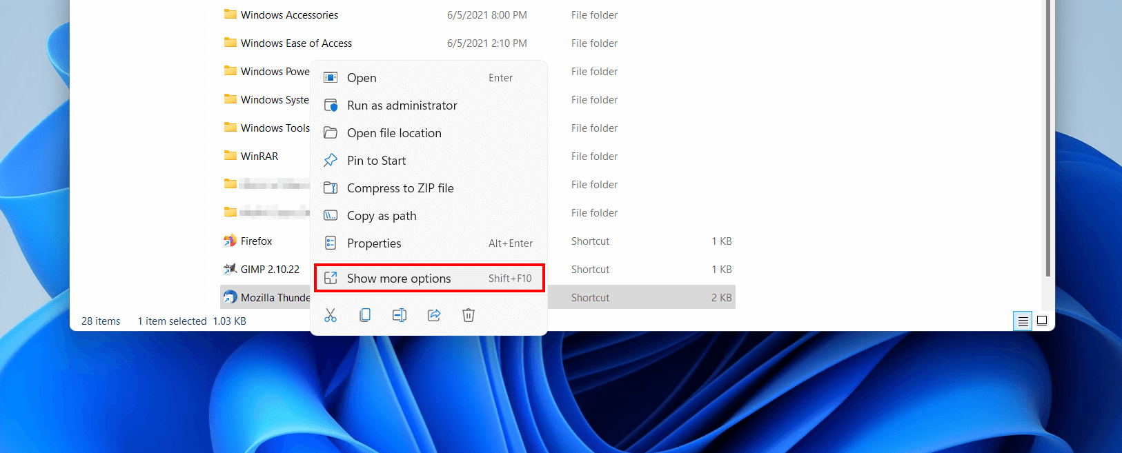 Windows 11: menú del botón derecho del archivo
