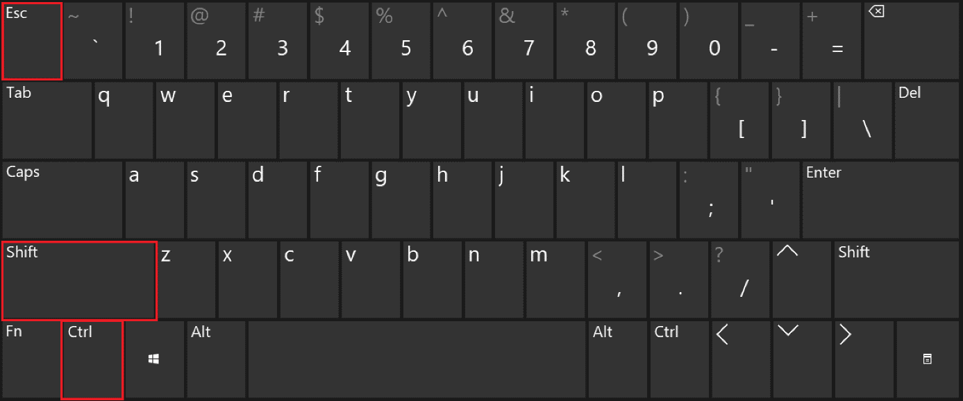 Atajo de Windows para abrir el administrador de tareas, marcado en rojo en la captura de pantalla de teclado