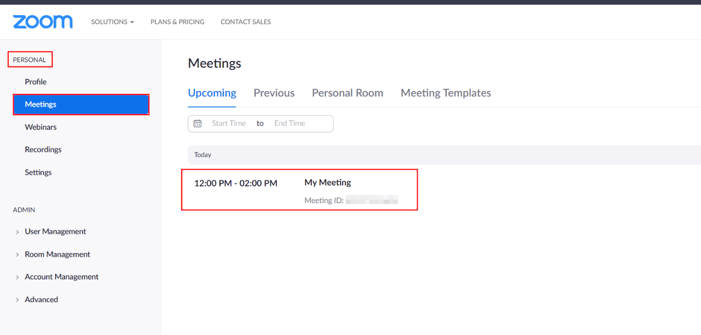 Aplicación web de Zoom: vista previa de las reuniones planificadas