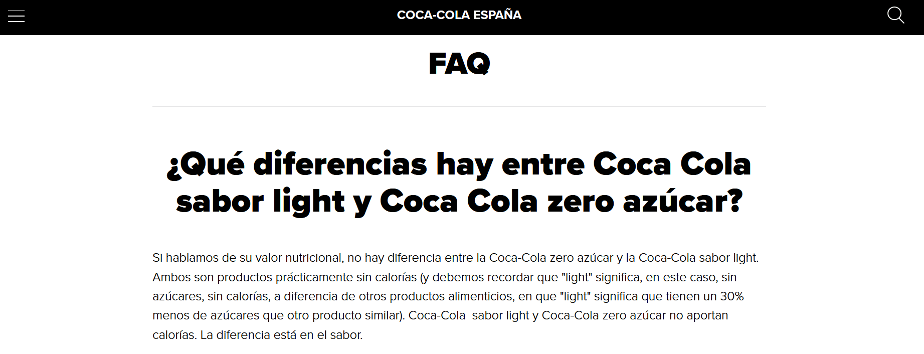 Captura de la página FAQ de Coca Cola: diferencias entre Coca Cola sabor light y Coca Cola zero azúcar