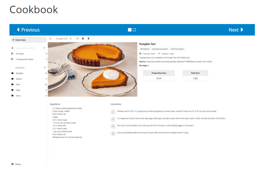 Captura de pantalla de la app Cookbook en la página web de Nextcloud