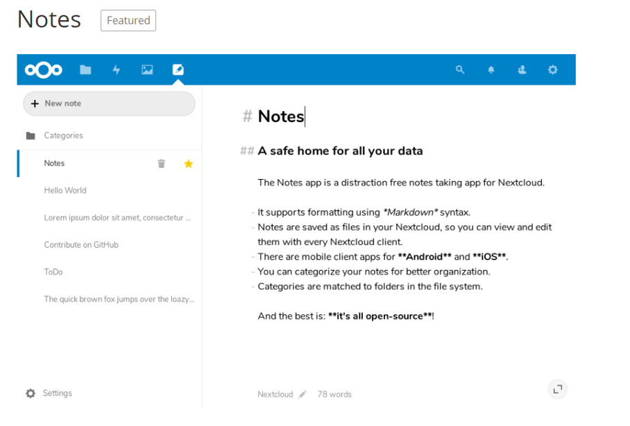 Captura de pantalla de Notes en la base de datos de la app de Nextcloud