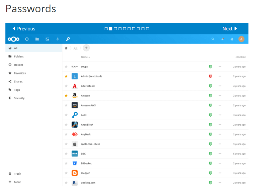Captura de pantalla de Passwords en la página web de Nextcloud