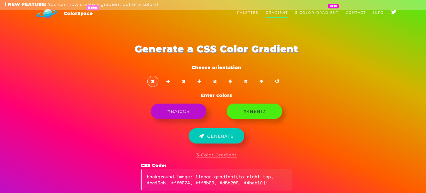 Captura de pantalla del generador de degradados de color CSS de la web ColorSpace con un degradado violeta y verde.
