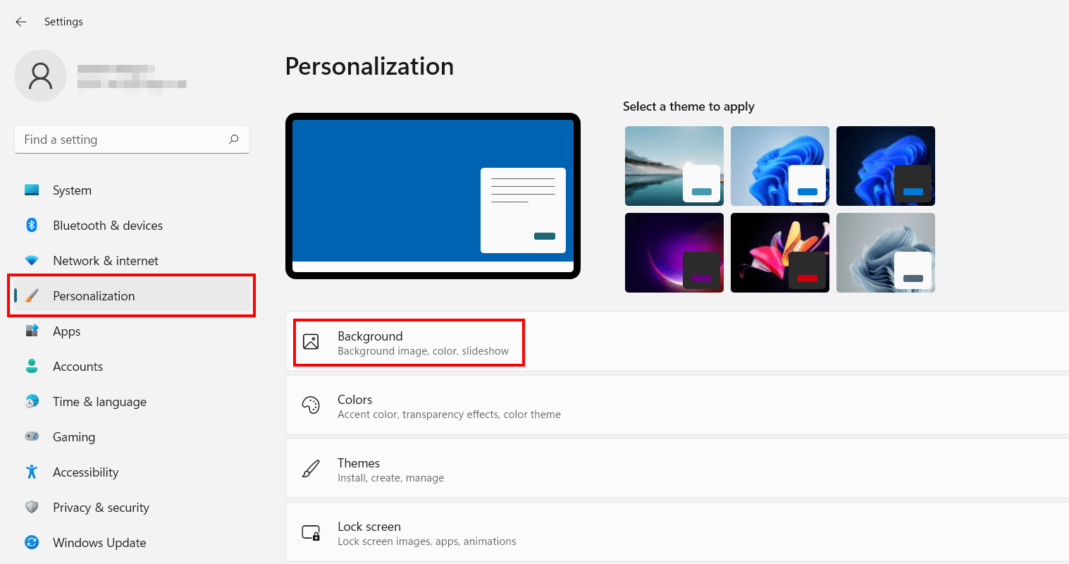 Menú de Windows 11 “Personalización”