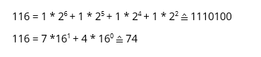 Representación binaria y hexadecimal de “t”