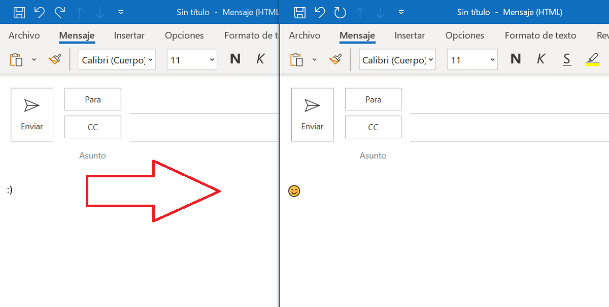 Captura de la conversión del smiley en Outlook 2021