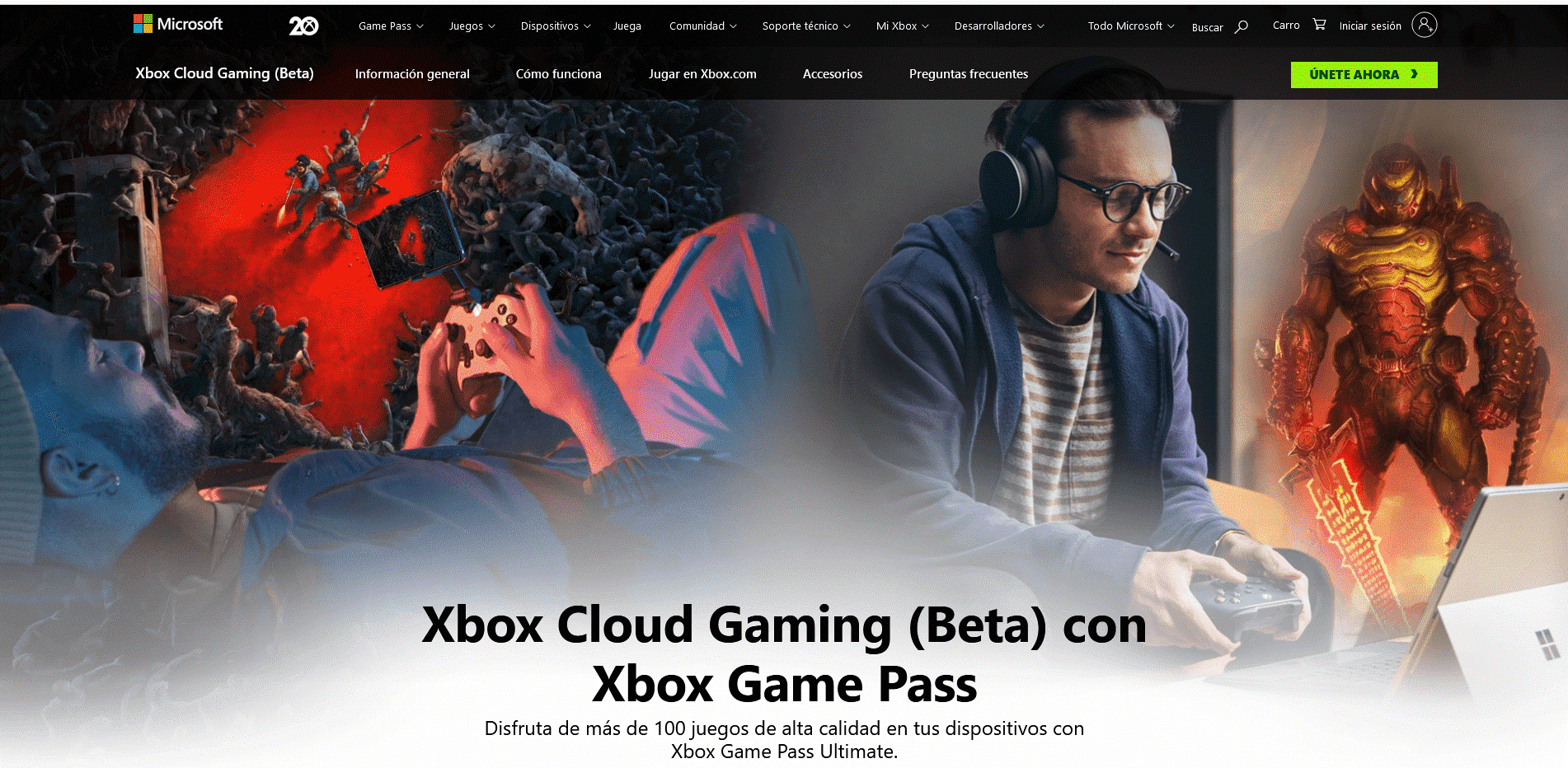 Captura de pantalla de la página web de Xbox