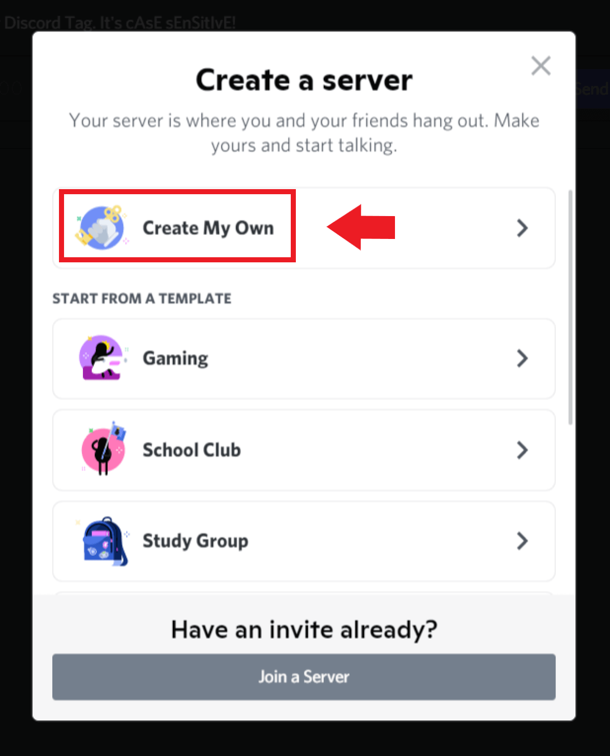 Haz clic en “Crear servidor” en la ventana que se abre