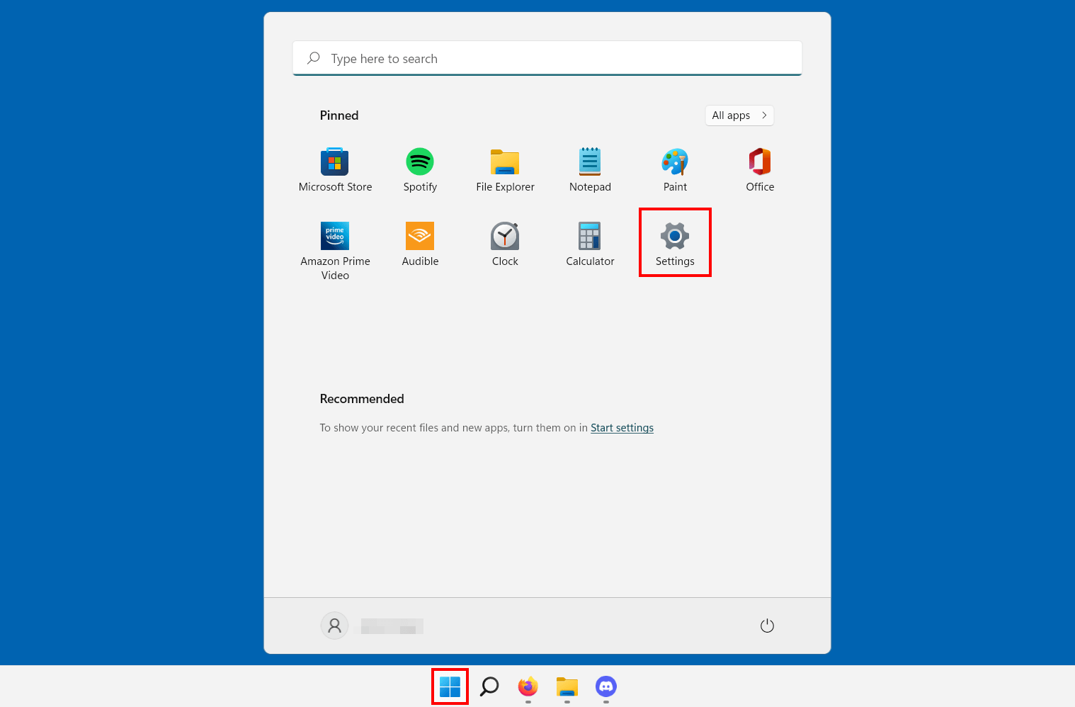 “Configuración”- Opción de configuración en el menú de inicio de Windows 11