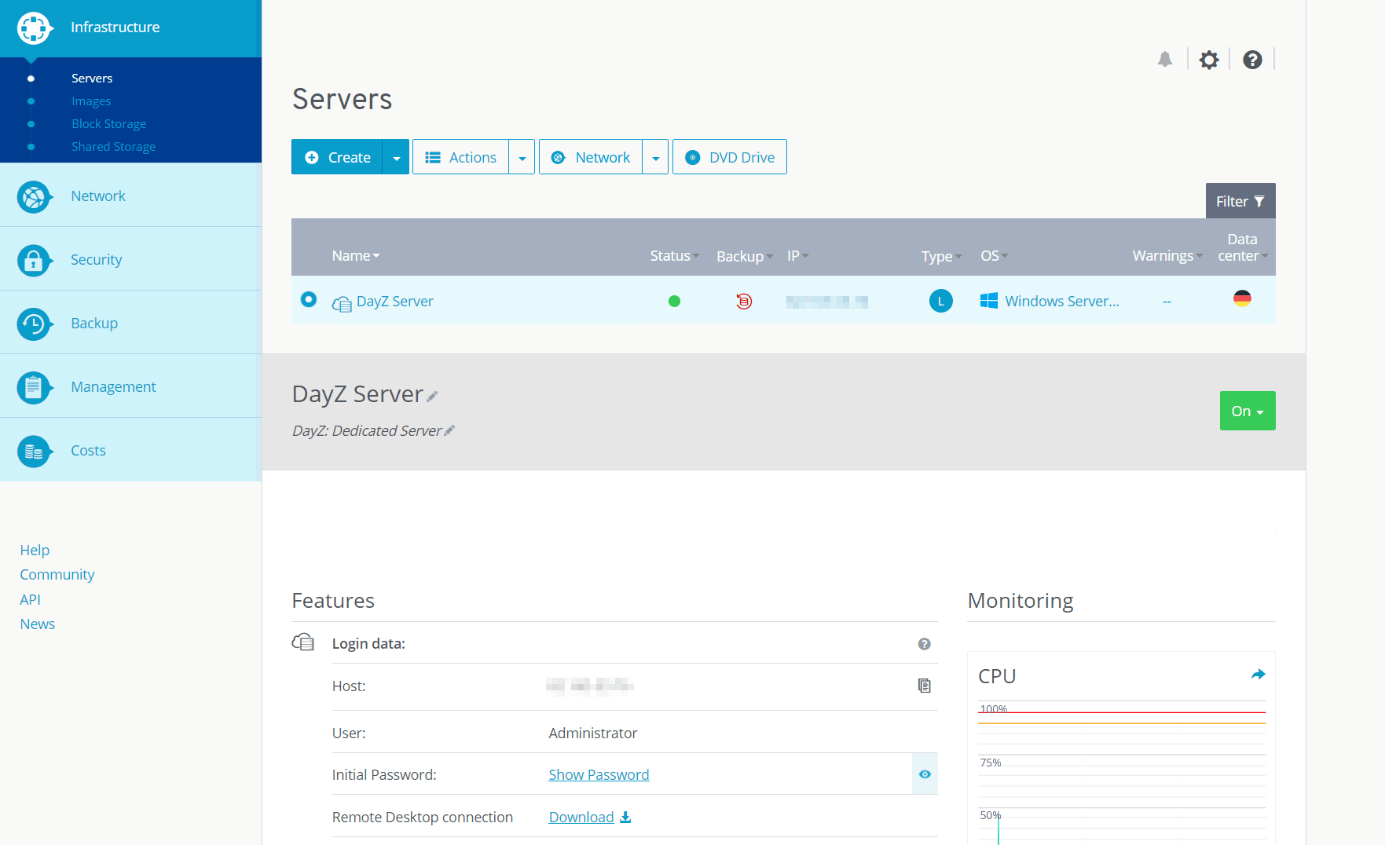 Cloud Panel de IONOS: credenciales de inicio de sesión para el DayZ Server