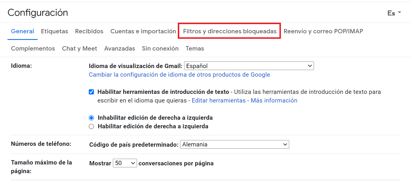 Configuración de Gmail con todas las pestañas