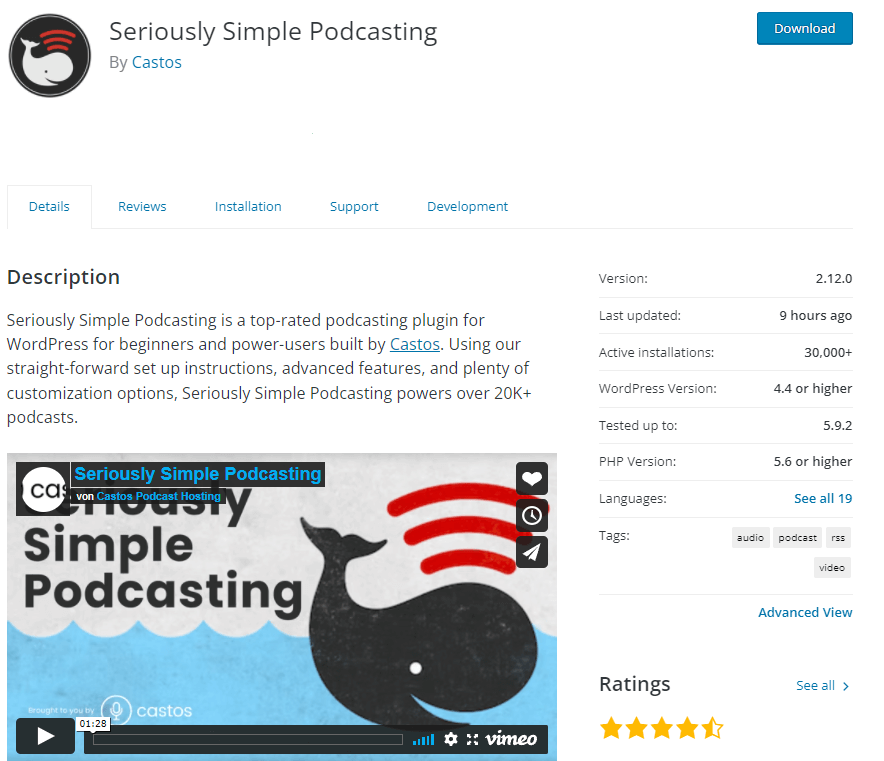 Descripción del plugin Seriously Simple Podcasting de WordPress