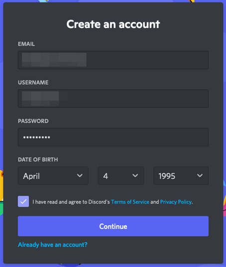 Datos personales para crear una cuenta en Discord